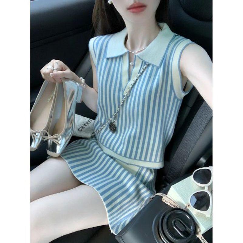 

Kumikumi Модный комплект Женский Ретро Поло воротник Полоска Футболка с коротким рукавом Летняя Облегающая Юбка Комплект из двух предметов Stripes Suit L