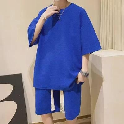 Conjunto deportivo informal de verano para jóvenes de dos piezas: Conjunto de camiseta y pantalones cortos con estampado de gofre japonés