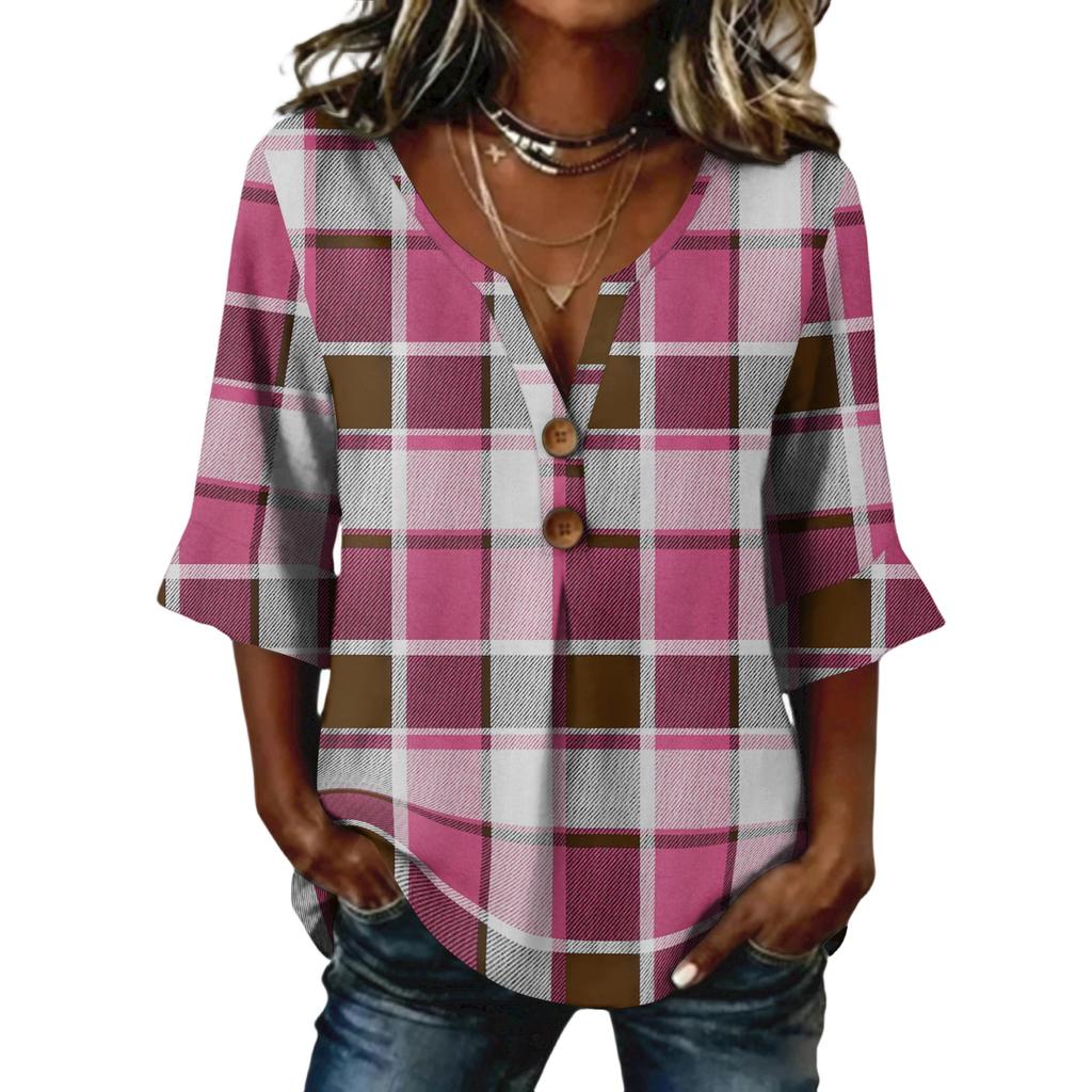 Ladies' plaid printed button casual V-neck fashionable seven quarter sleeve top