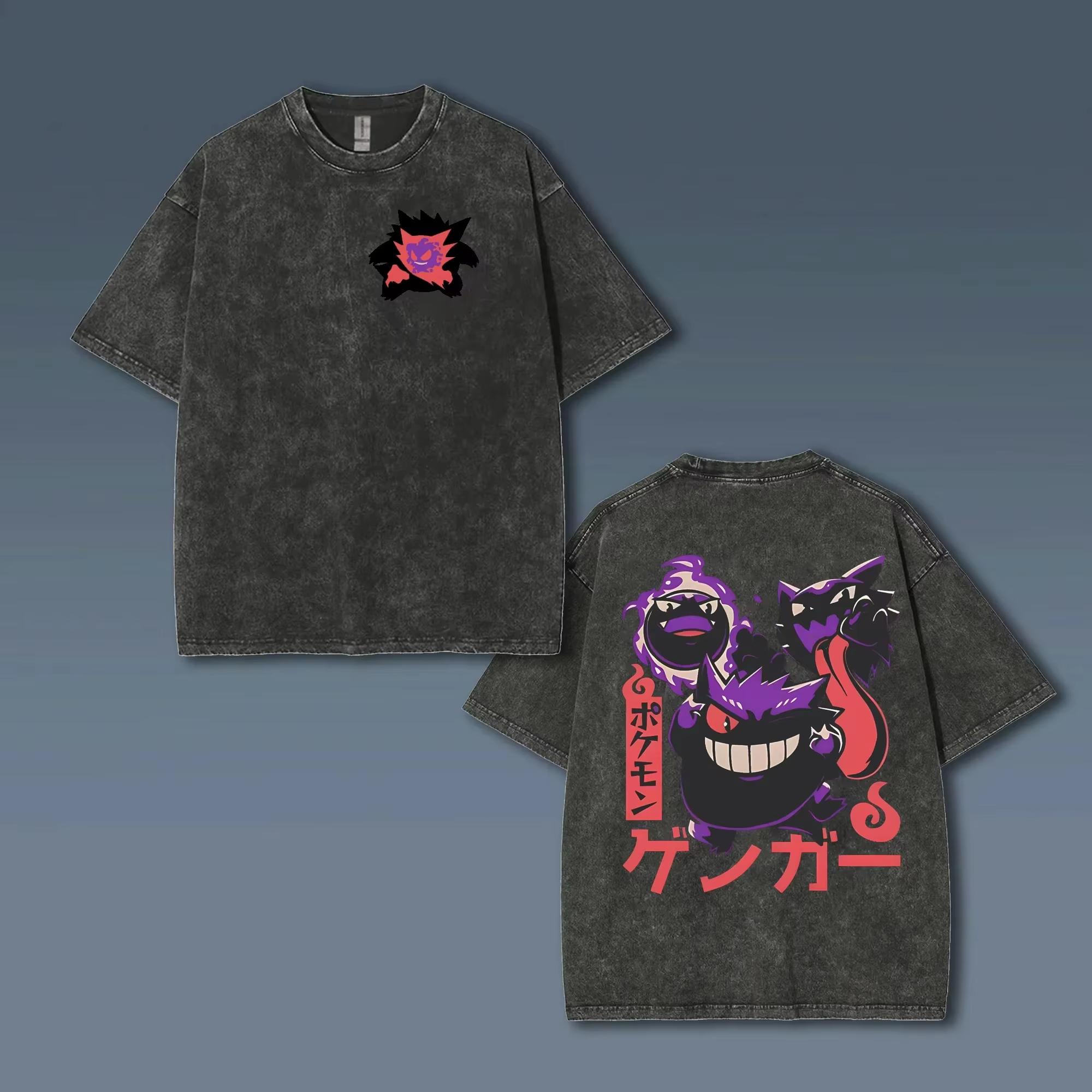 Japanese anime Pokmon Unisexs washed Tshirt Summer New pure cotton Gengar pattern shortsleeved Harajuku Loose YK shirt L