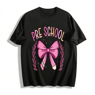 Preschool Pink Bow Pencil Print Kids Back To School Casual Top Pure Cotton T-shirt