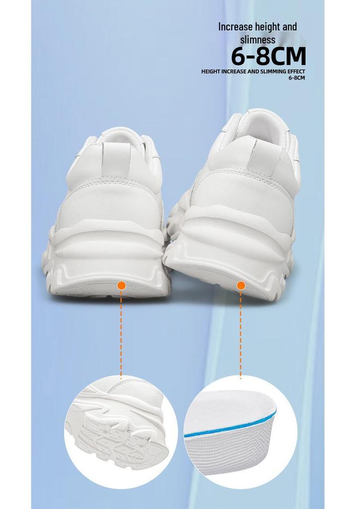 Men's Hidden Height Sports Casual White Cowhide Shoes, Low-Top, Thick Sole for Spring.