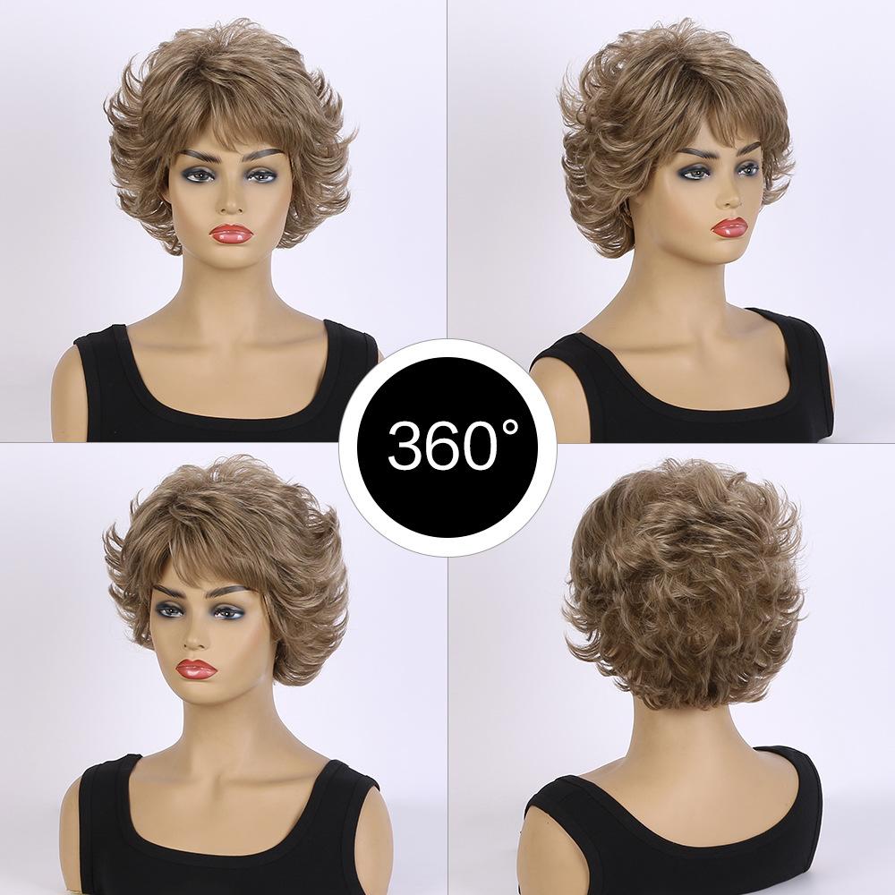 European and American Style Women's Fashion Daily Use Natural Looking Short Curly Wig with Bangs Synthetic Fiber Brown Wig