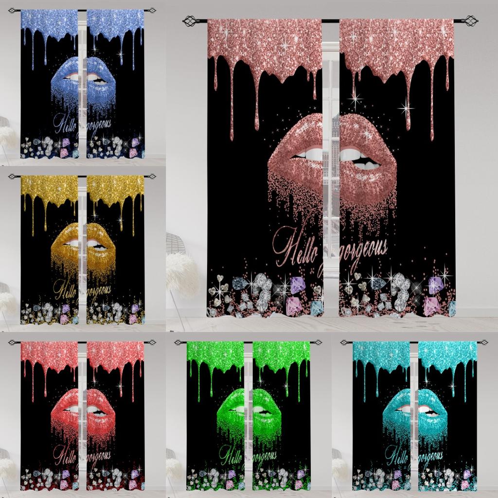 2pcs Lips Printed Translucent Curtains Multi-scene Polyester Rod Pocket Decor Curtains For Living Room Playroom Bedroom Home