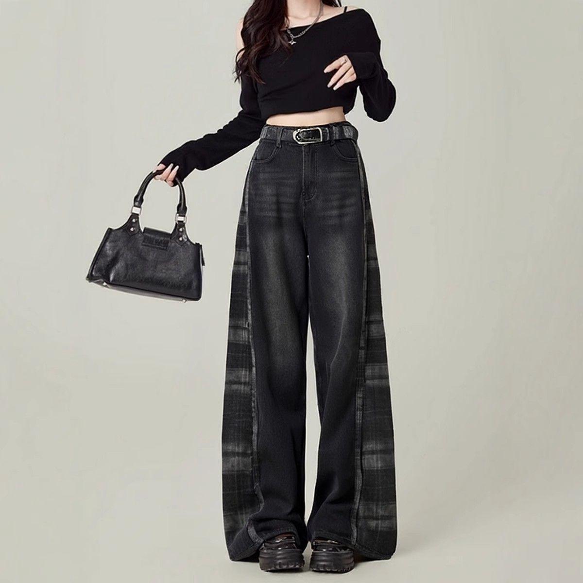 

Design Sense American Stitching Plaid Jeans Womens Осень-зима Новые свободные узкие брюки с высокой талией и заниженной талией. 2XL чёрный