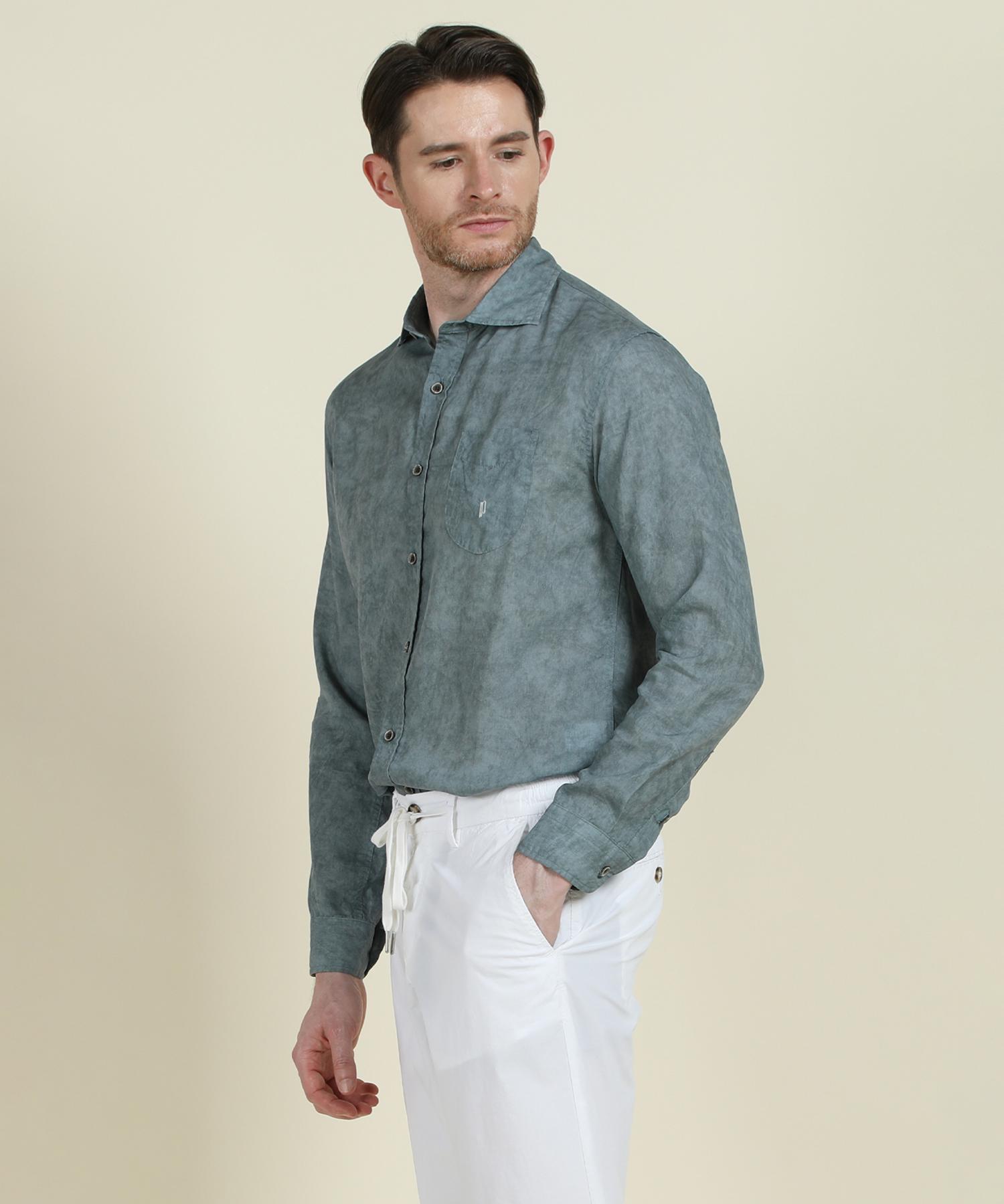 Panicalle Blue Lyocell Linen Washed Shirt Blue/L