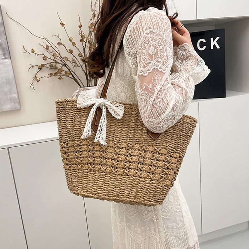 Yogodlns Summer Straw Woven Large Capacity Seaside Tote Bag Women's Basket New Beach Bag Shoulder Underarm Handbag