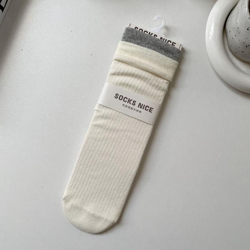 Spring and Autumn Children's Sock Set - Mid-length Double-cuffed Multi-color Plaid Socks, Gray Fake Two-piece Long Socks, Pure Cotton, Bone-free Socks