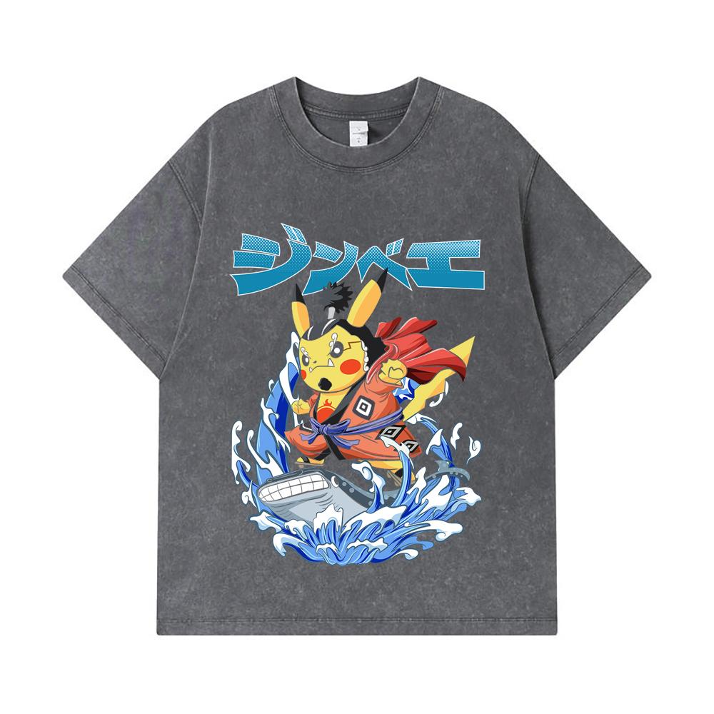 275 GSM Washed T-shirts 100% Cotton Pokemon V11 Jimbei Pikachu Print Unisex Heavy Cotton T Shirt
