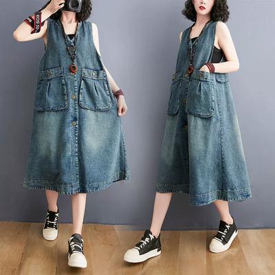 Damskie Wiosna Lato Jesień Plus Size Średni Długi Casual Denim Kamizelka Bez Rękawów Sukienki