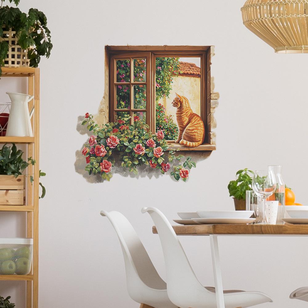 Window Rose Orange Cat Bedroom Living Room Home Background Beautification and Decoration Wall Stickers