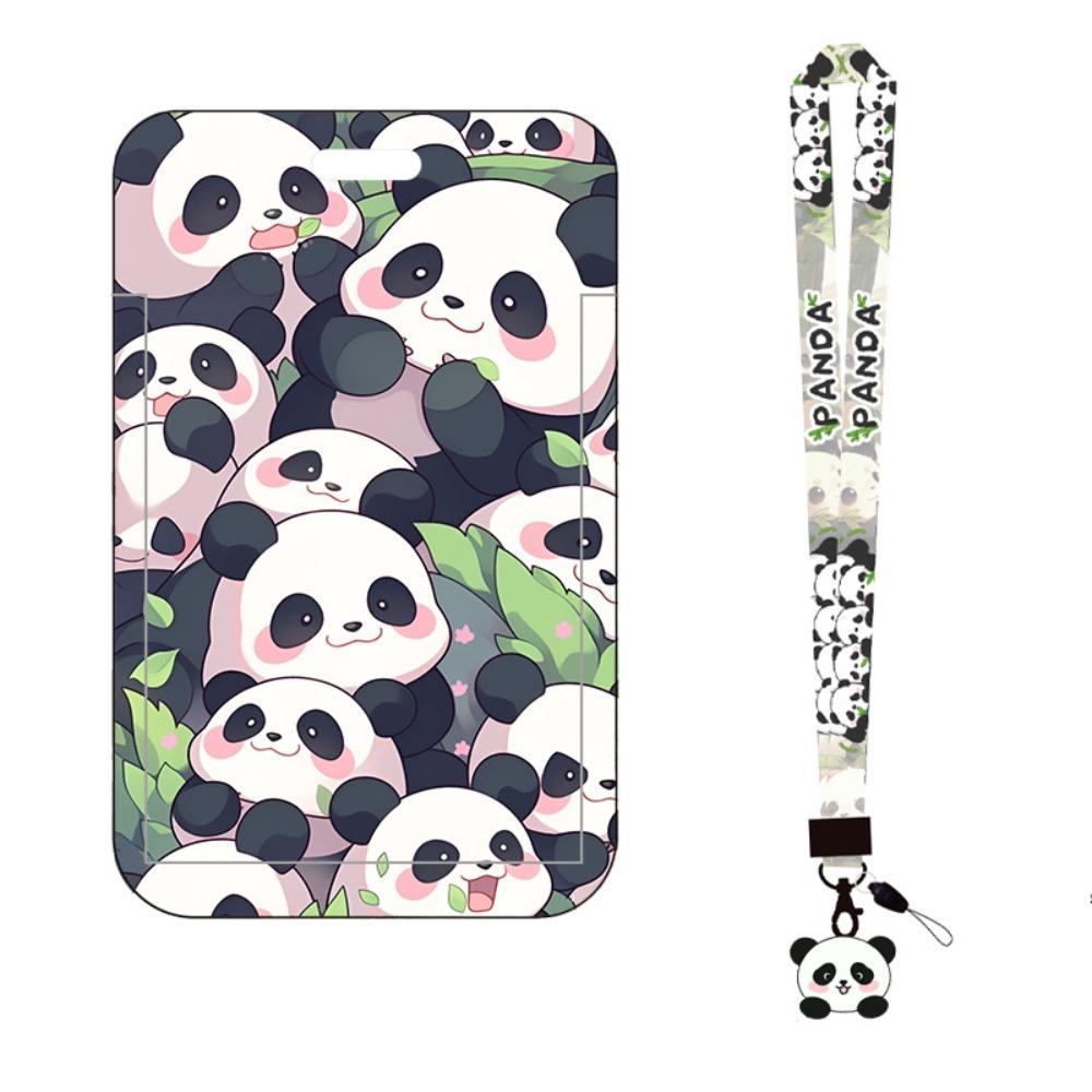New Panda Printing Plastic Card Holder with Long Lanyard Slide Card Case ID Card Protective Cover