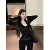 Kumikumi Gyaru Style Solid Sexy Temperament V-neck Long sleeves Shirt Women clothes Autumn Slim fit Slimming Versatile Top