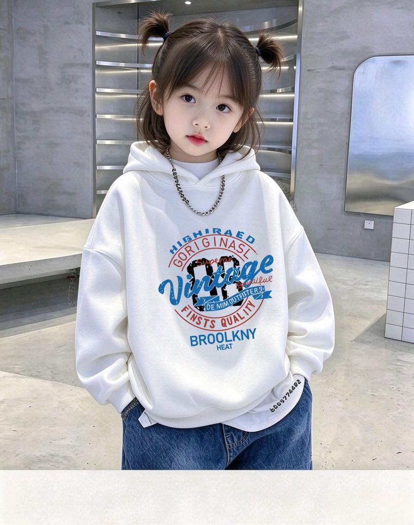 Kids Vintage Brooklyn Retro Letter Print Fleece Hoodie, Warm Breathable Loose Casual Pullover Sweatshirt, Boys Girls Hooded Tops