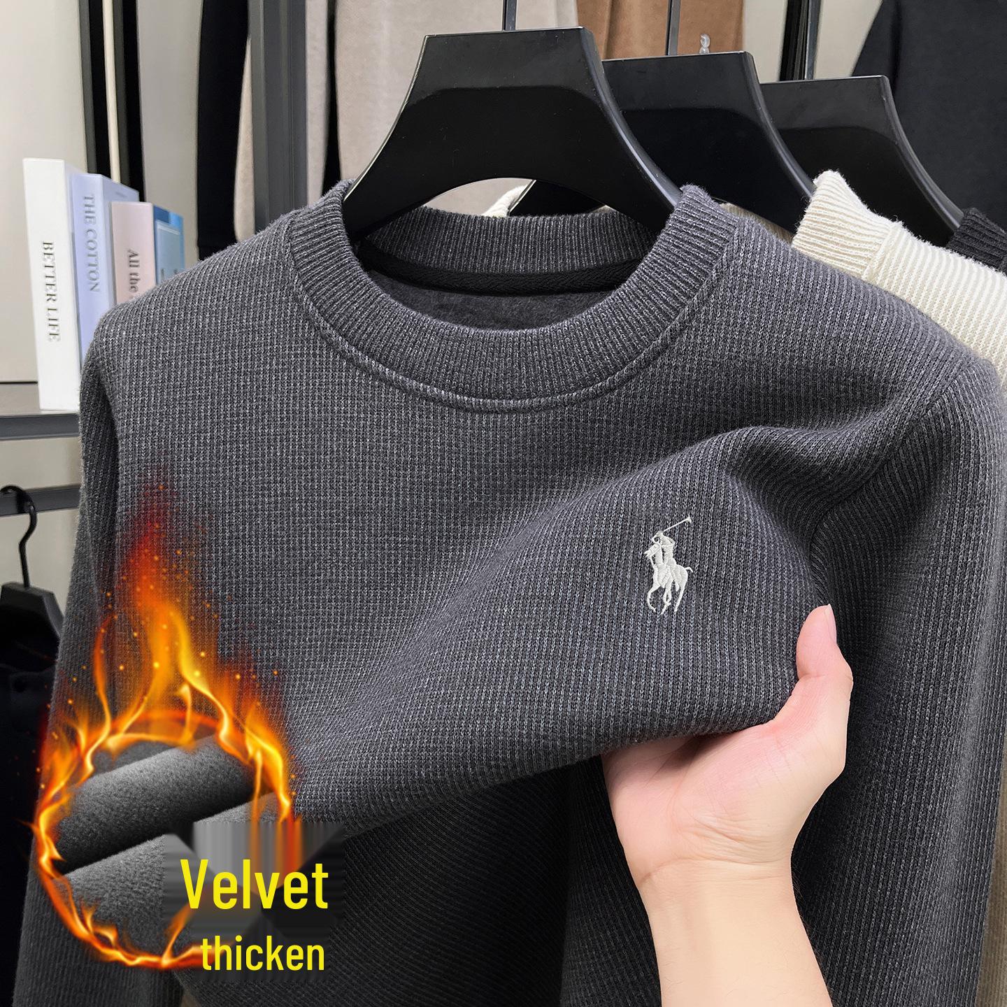 

2025 Winter Men s Korean Velvet Thick Hoodie - Round Neck, Embroidered, Warm, Casual Solid Color Base Layer XXL темно-сірий