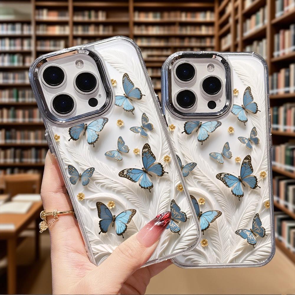Blue Butterflies White Feathers Transparent Phone Case for IPhone 14 15 16 13 12 11 Pro Max 12 XS Max Anti-Scratch Soft Cover