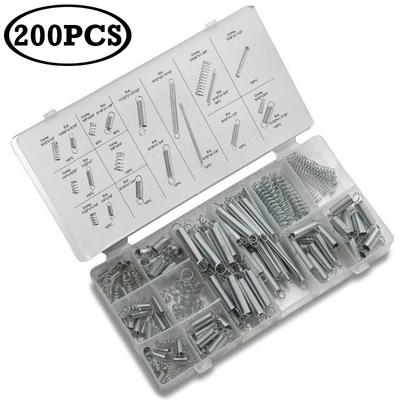 200pcs Metal Steel Spring Set Compression and Extension Springs Kit Portable Hardware Tools Plastic Storage Box Tool Accessories