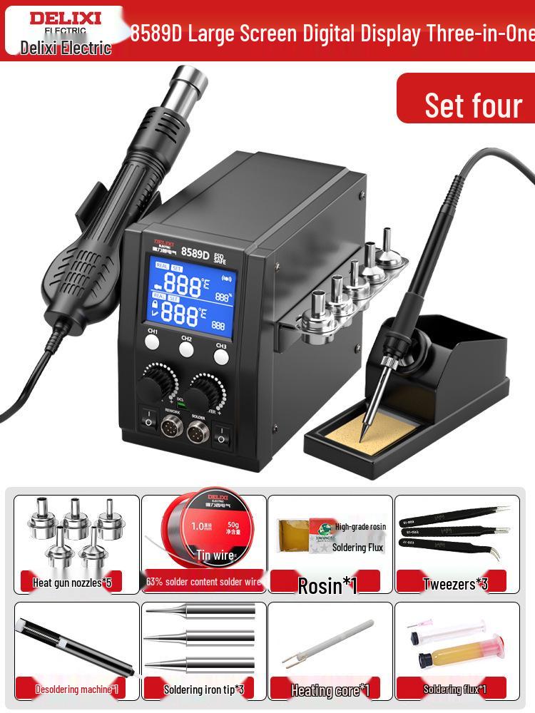 Delixi Electric 2-in-1 Soldering and Desoldering Station with Hot Air Gun and Worktable