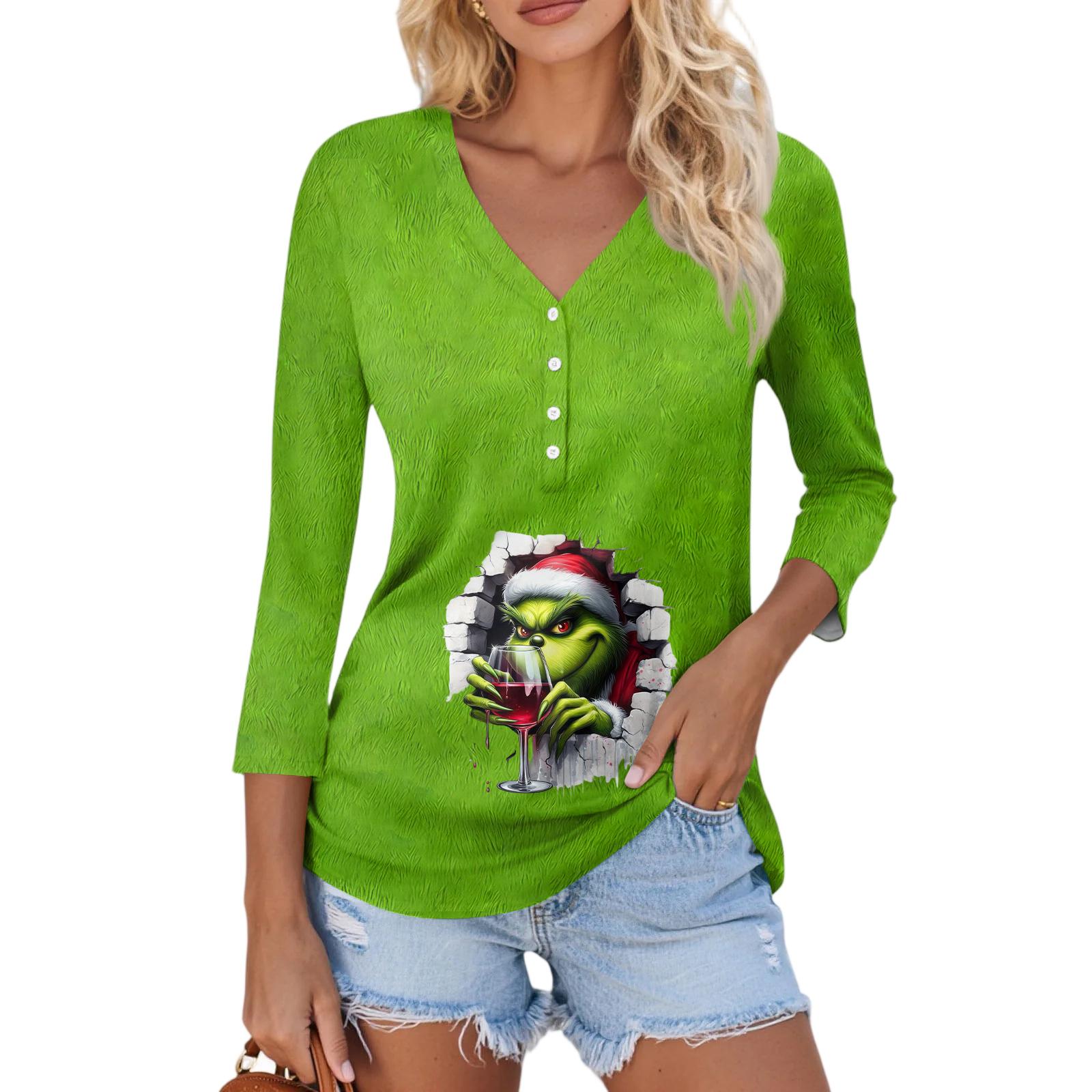 

Women s Casual Fashion Sexy Comfortable Christmas Print V-Neck Button Three-quarter Sleeve Top L