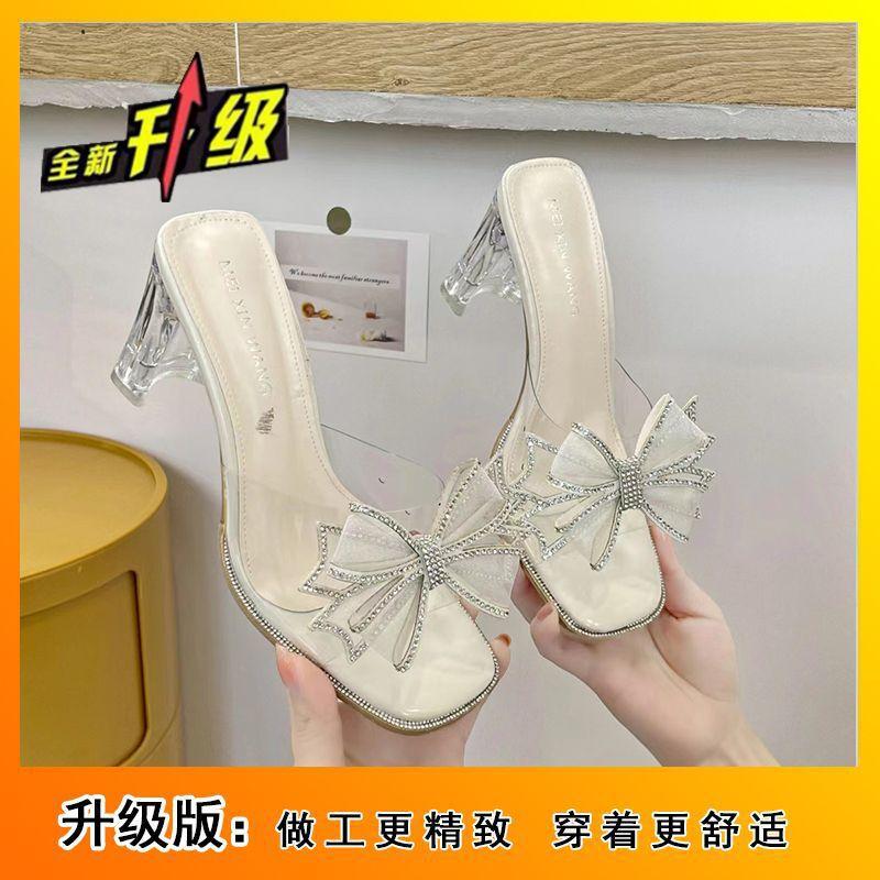 

Прозрачные хрустальные туфли на высоком каблуке летняя обувь 2025 интернет-знаменитость толстый каблук модные босоножки с бантом и стразами фея 42