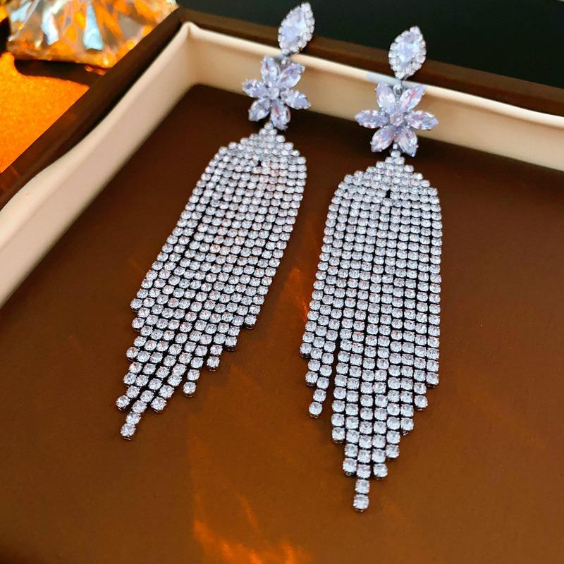Silver Needle Diamond Flower Water Drop Tassel Earrings Exaggerated Earrings Light Luxury Premium Earrings Women