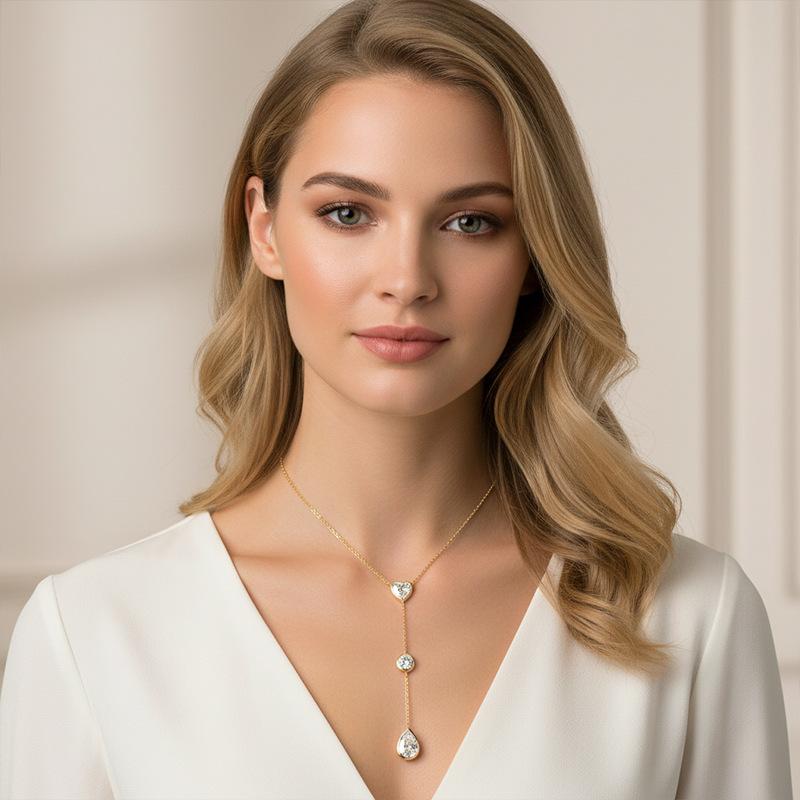 Viral Lariat 3-stone Bezel Moissanite Necklace White Gold Plated S925 Silver Luxury GAR Certified Heart-Round-Pear Drop Women
