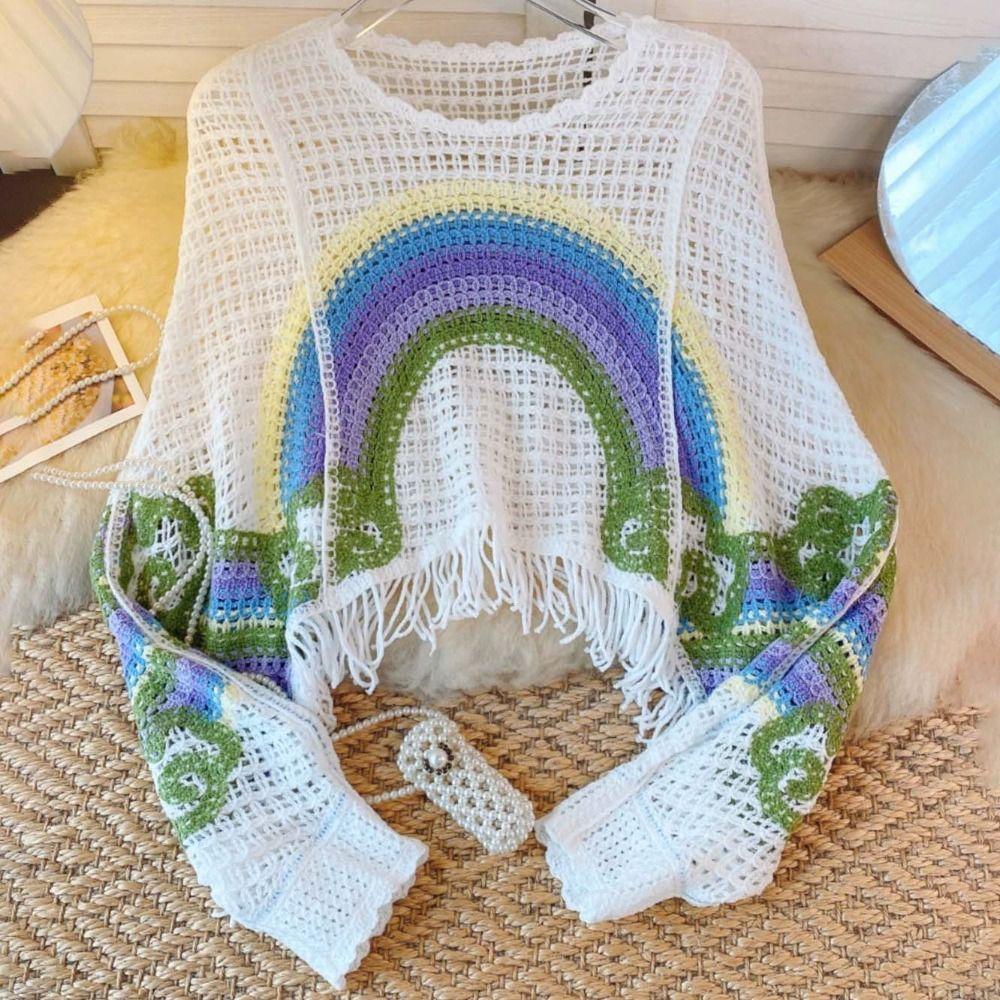 

Cloud Rainbow Crochet Top Hollow Knitted Tassel Pullover Breathable Beach зелёный