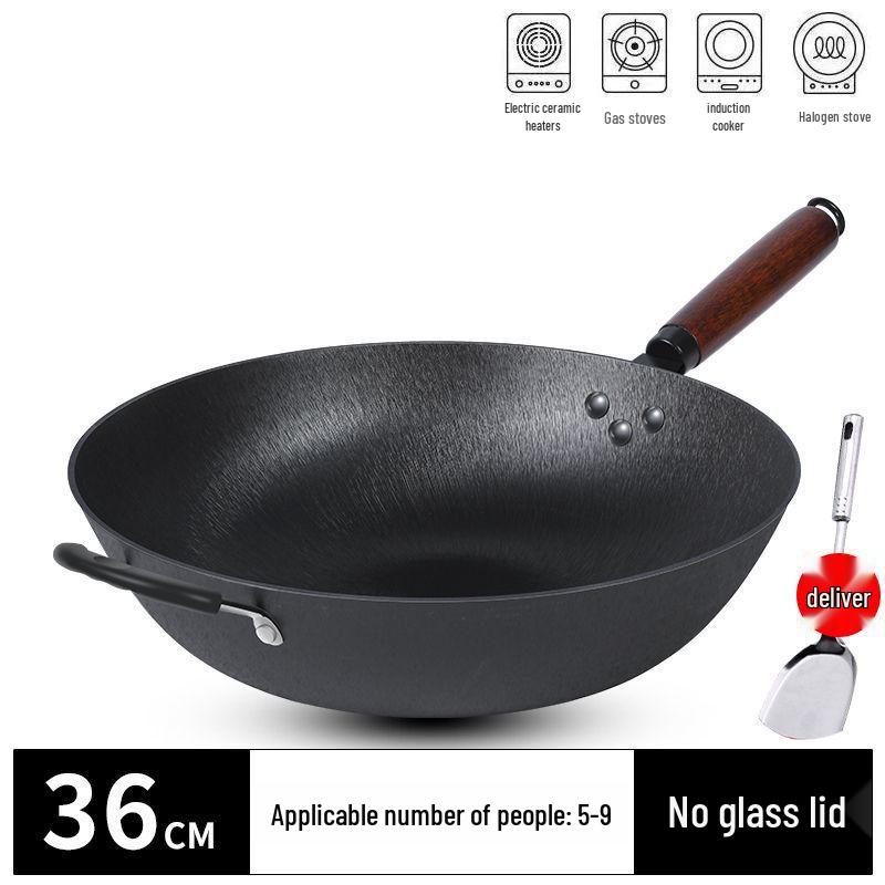 Traditioneller Gusseisen-Wok mit flachem Boden - Antihaftbeschichtet, keine Beschichtung, geeignet für Gas- und Induktionsherde.