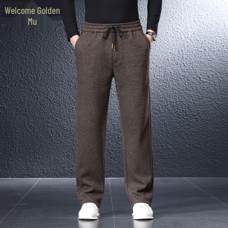 Men's Warm Loose-Fit Straight-Leg Fleece-Lined Woolen Casual Trousers