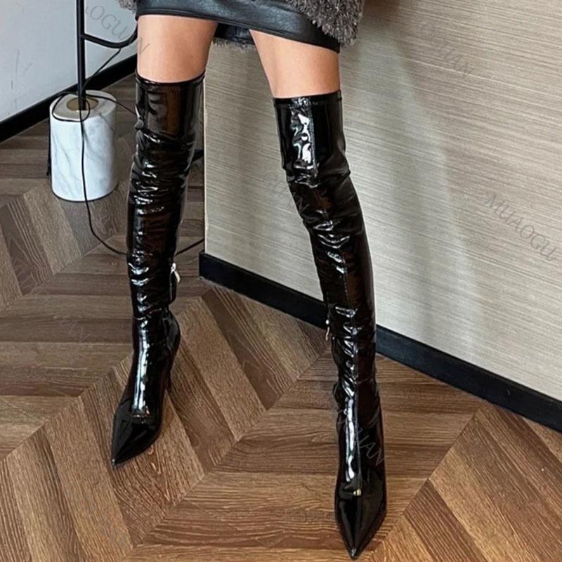 Fashion Sexy Black Over The Knee Boots Ladies High Heels Bright Leather Pointed Side Zipper Shoes Women Large Size Stiletto High Botas