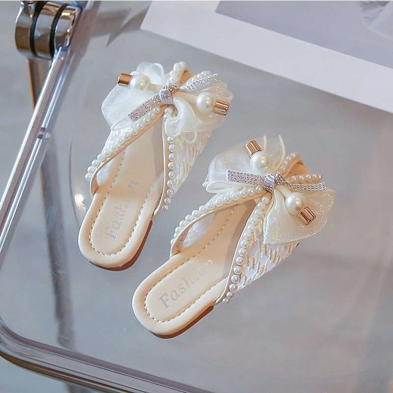 Girls' princess baotou slippers 2025 summer new fish mouth Korean version fashion middle and older children's bow rhinestone one-word drag