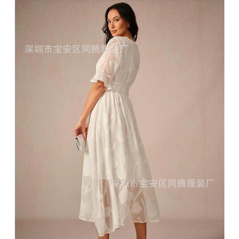 Abito a ruota grande europeo e americano atmosfera alla moda scollo a V temperamento elegante jacquard manica a tre quarti