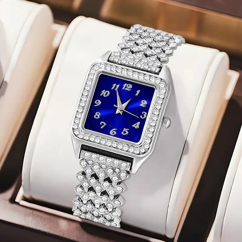 Fashionable Digital Square Watch Set, Fully Diamond Ladies' Watches, Women's Watches, Quartz Watches