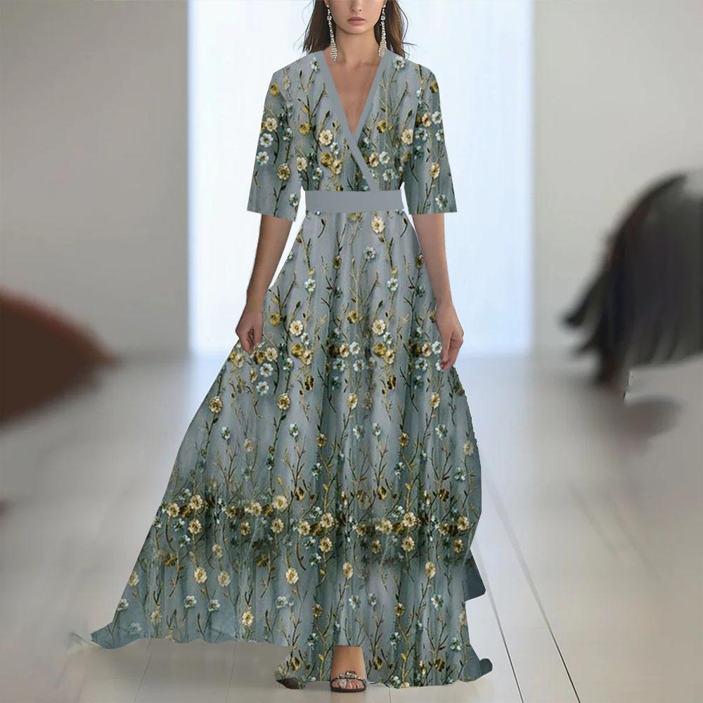 Floral Print V-Neck Midi Dress with Belt, Elegant Boho Style Women's Dress