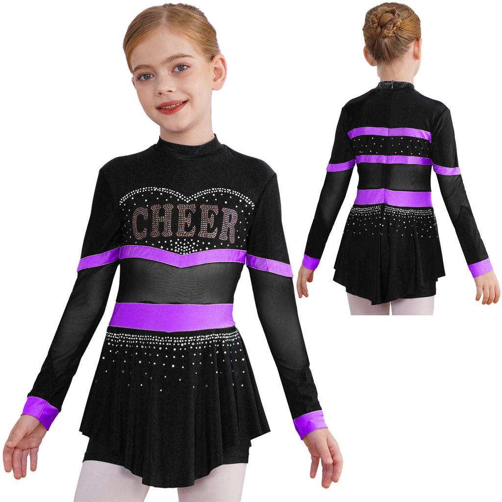 Girls One-Piece Cheerleading Costume: Long Sleeve Mesh Patchwork Shiny Diamonds Jumpsuit for Dance Gymnastic Performance