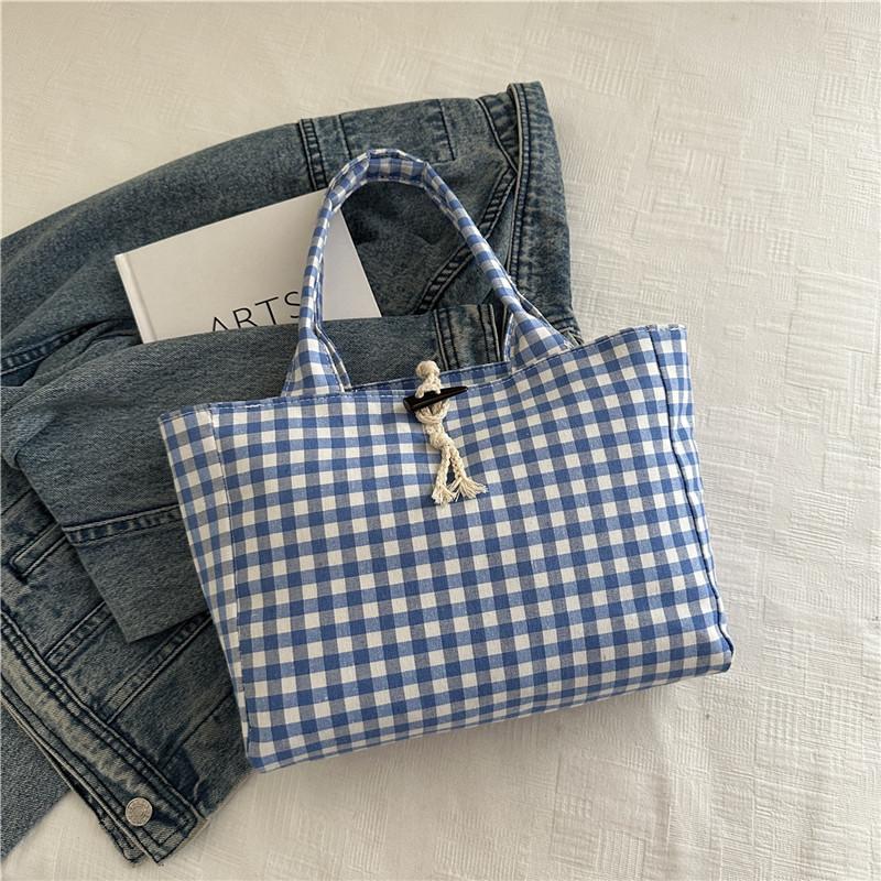 Korean Black and White Checkered Canvas Bag, Women's Large Capacity Single Shoulder Tote Bag, Commuting Hand-held Shopping Bags