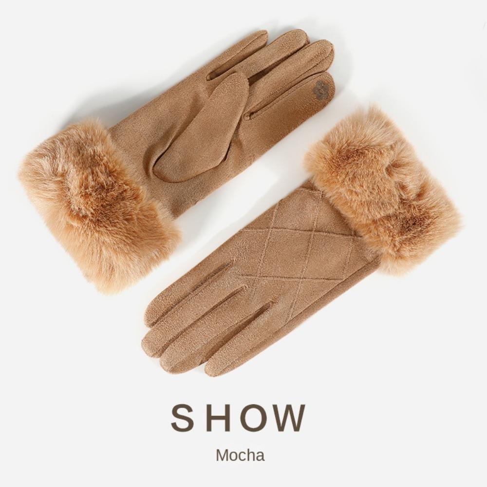 Plaid  Gloves Suede Women Cycling Mittens Retro Winter Fleece-lined Gloves  Driving
