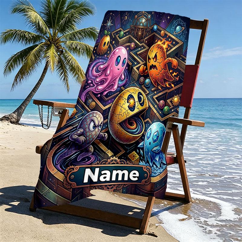 Custom Name Personalized PAC MAN Print Beach Towel, for Trip Camping Beach Party Home Decor, Birthday Gift for Family & Friends