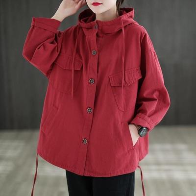 Plus Size Oversize Jackets Women Spring Hooded  Jacket Cotton Black Coat Coat Fashion Red Black