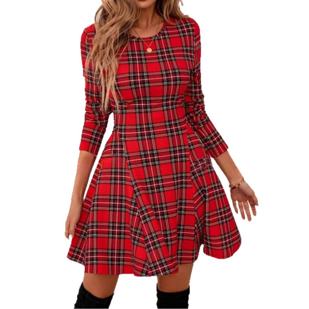 2025 Retro Plaid Long-Sleeve Elegant Dress for Women - European & American Style