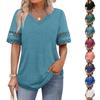 Solid Color V Neck Lace Splicing Loose Short Sleeve Casual T Shirt Top