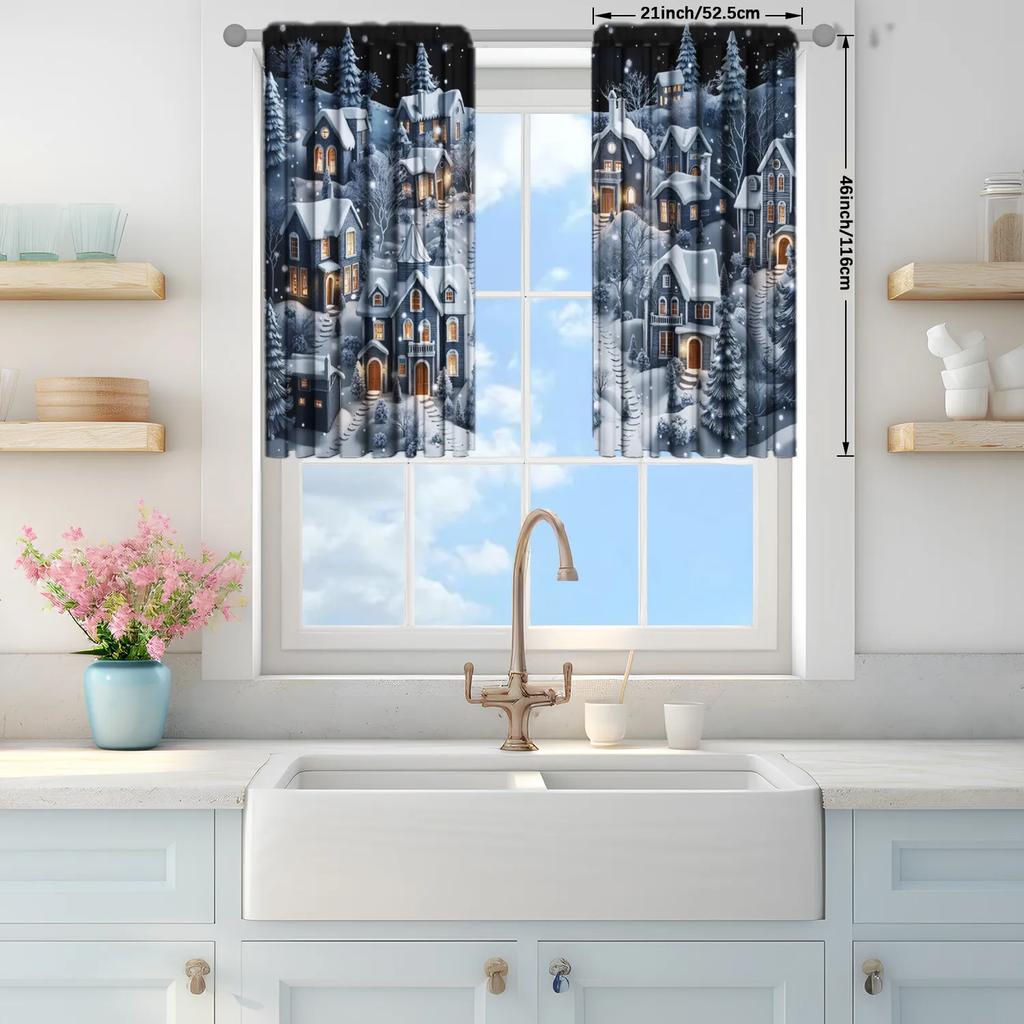Christmas Night Scene Ice Snow Village Printed Curtain Home Decor Window Treatment Bedroom Curtains Set Of 2 Made Polyester With Rod Pocket Master