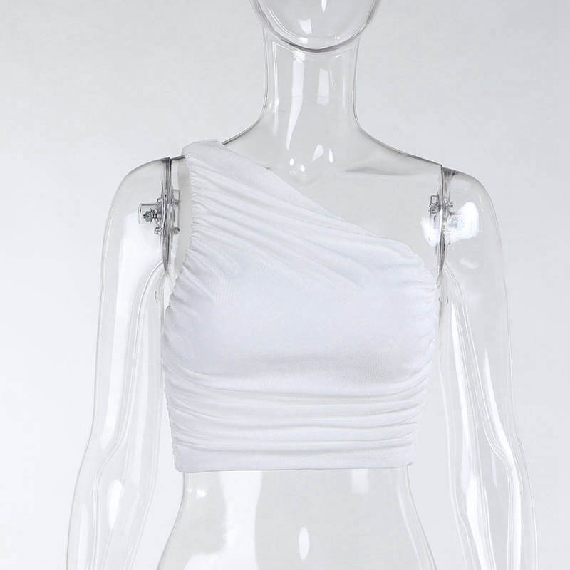 Summer Soild Color Slim One Shoulder Crop Top Pleated Vest Short Shirring Ladies Short Tank Top