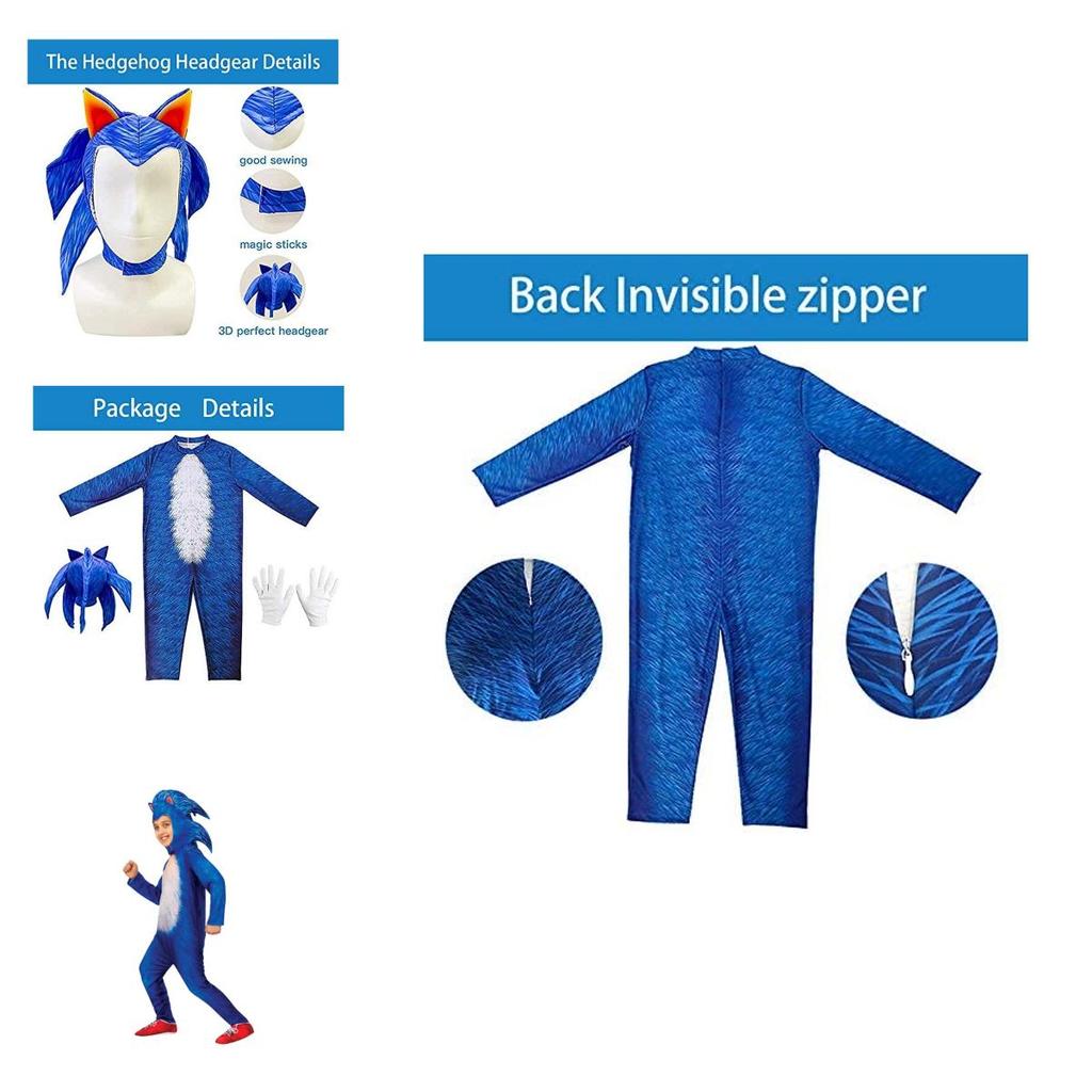 Blue Sonic Onesie With Gloves And Headgear For Kids Costume