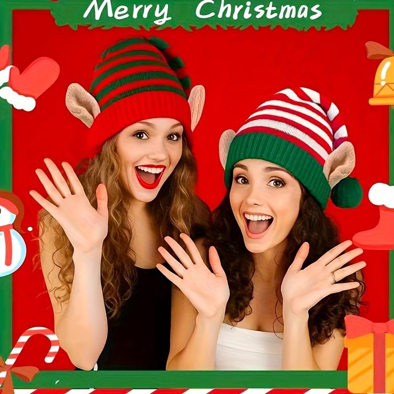 Winter Christmas Hat with Ears & Pom-Pom - Thick Warm Beanie, Red & Green Striped Holiday Party Hat with Pompom Tip