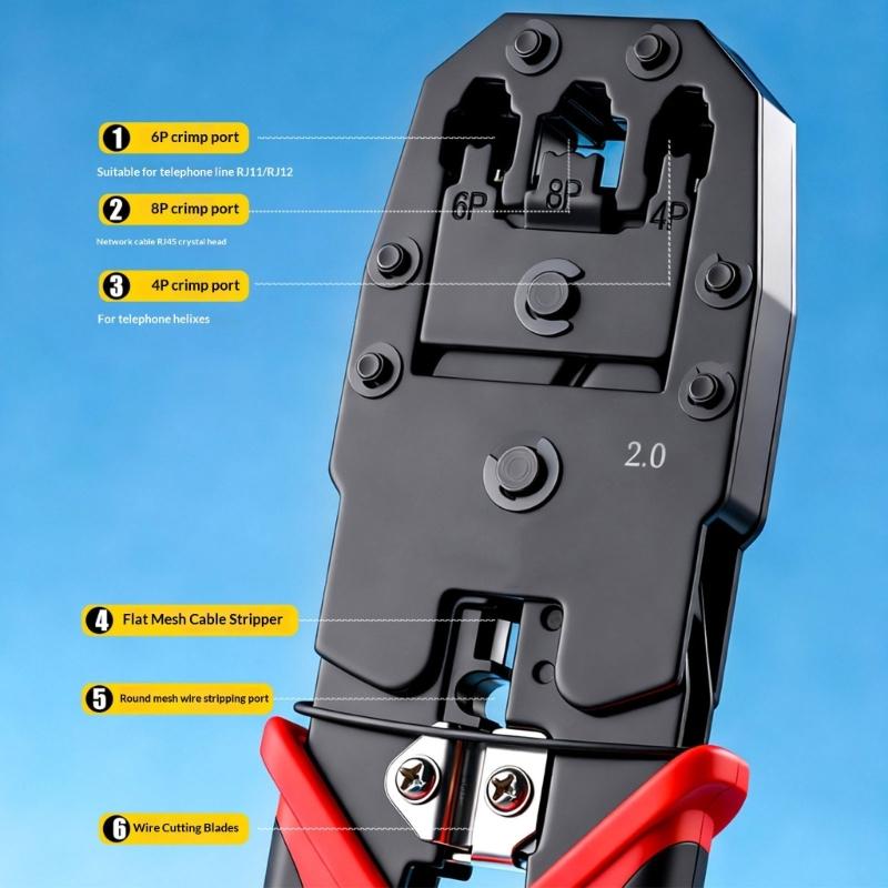 Ratcheting Modular Data Cable Crimper Wire Stripper Wire Cutter for Cat6a Cat6 Cat5 Ergonomic Slip Resistant