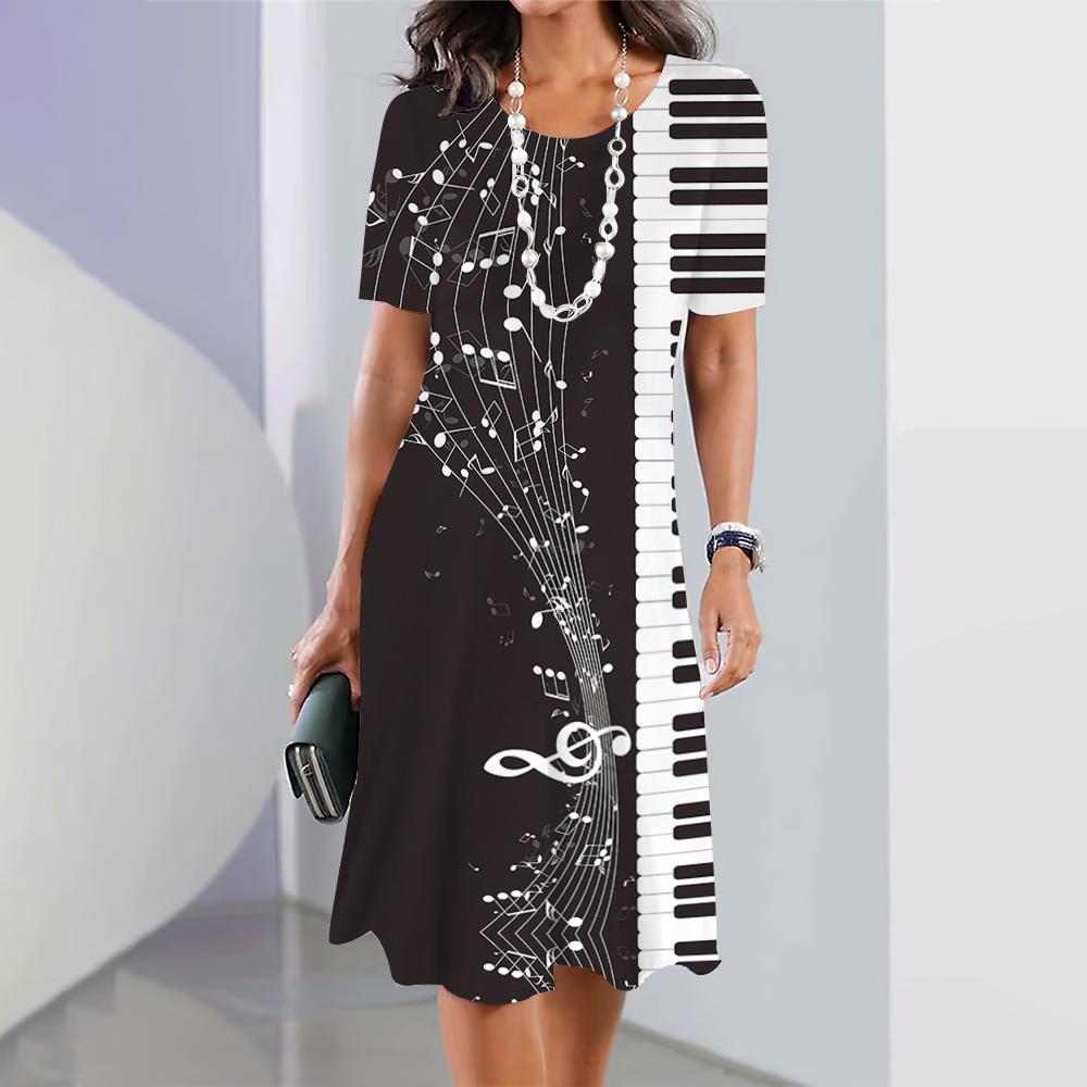 Black and White Music Note Print 2026 Summer New Women's Dress Elegant Dress Women's Fashion Women's Dress