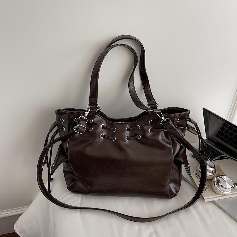 Elegancka Torba Tote ze Sztucznej Skóry Damska Modna Torba na Ramię ze Sznurkiem i Przednią Kieszenią na Zamek