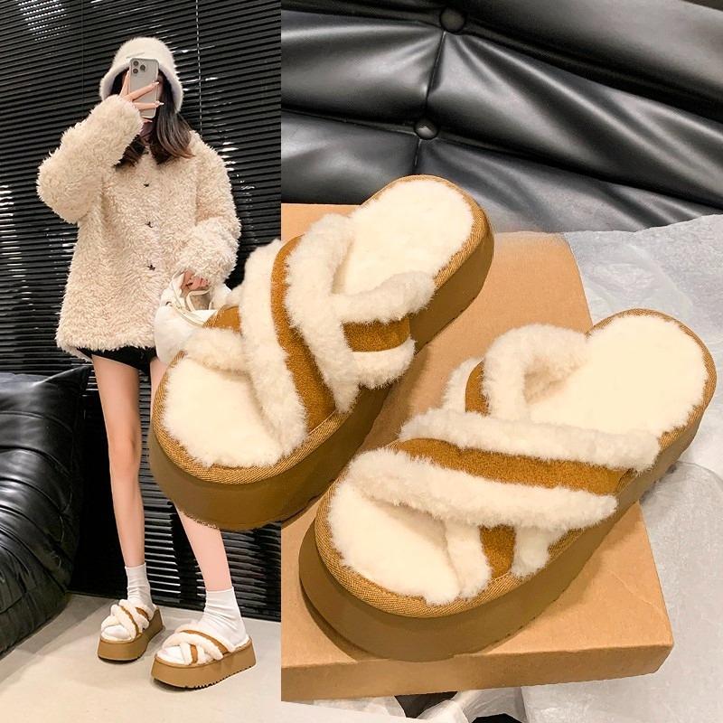 Fashion Wool Slippers Women Autumn and Winter Wear Extra Thick Platform Heightened Slippers