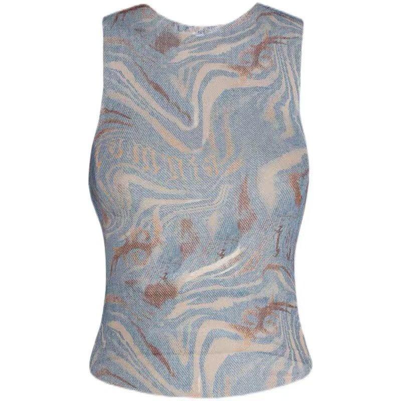 

Iamgia Fashion Sexy Marble Stripes Silm Slimming Print Sleeveless Mesh Vest Halter Top Short As Shown in Pictures S